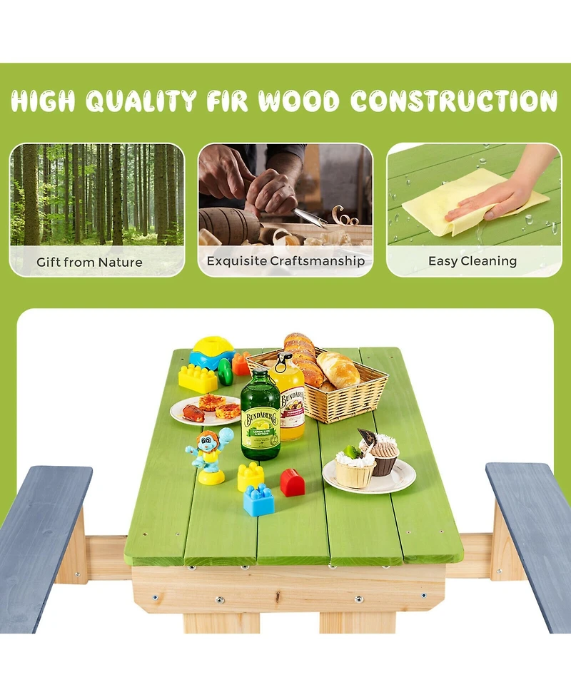 3-in-1 Kids Picnic Table Outdoor Wooden Water Sand Table w/ Play Boxes