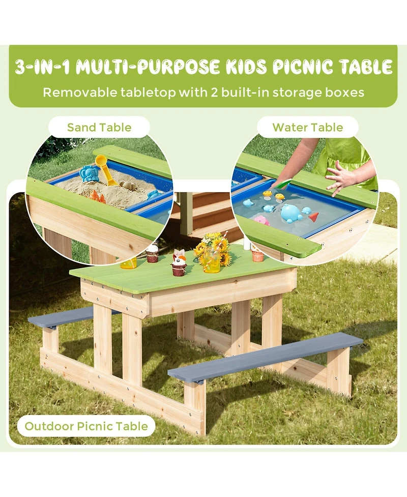 3-in-1 Kids Picnic Table Outdoor Wooden Water Sand Table w/ Play Boxes