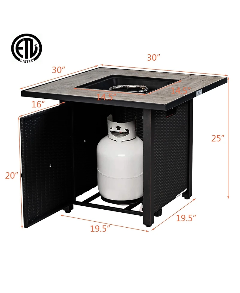 Costway 30'' Square Propane Gas Fire Pit Table Ceramic Tabletop 50,000 Btu