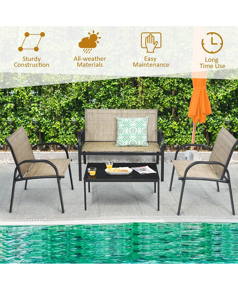 4 Pcs Patio Furniture Set Sofa Coffee Table Steel Frame Garden