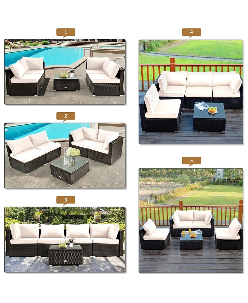 5PCS Patio Rattan Furniture Set Cushioned Sofa Chair Coffee Table