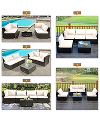 5PCS Patio Rattan Furniture Set Cushioned Sofa Chair Coffee Table