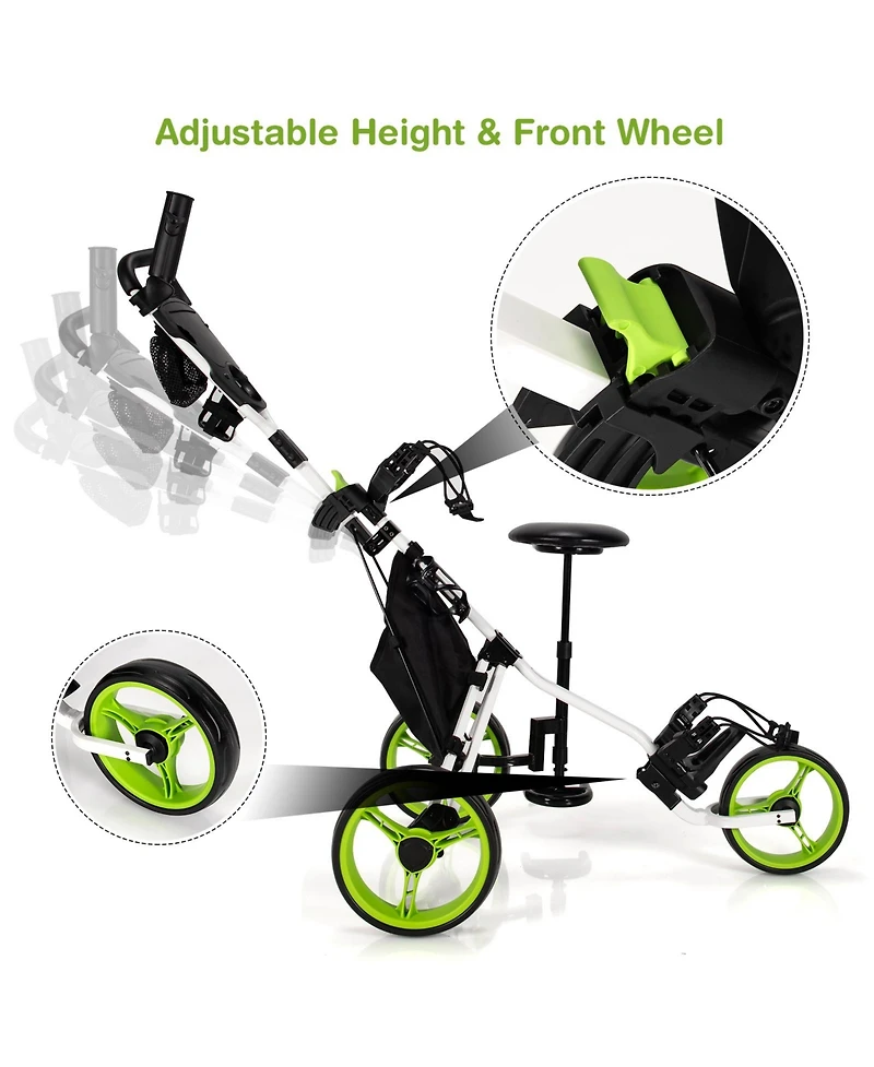 Folding 3 Wheels Golf Push Cart W/Seat Scoreboard Adjustable Handle