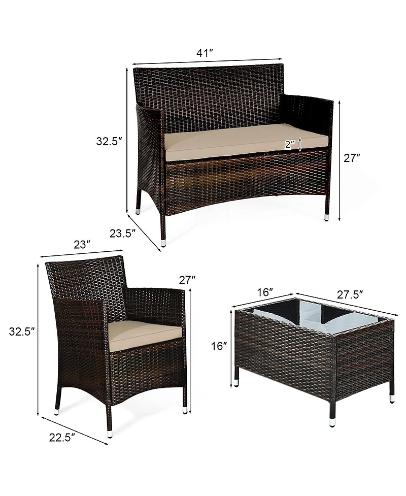 Sugift 4 Pieces Comfortable Outdoor Rattan Sofa Set with Glass Coffee Table