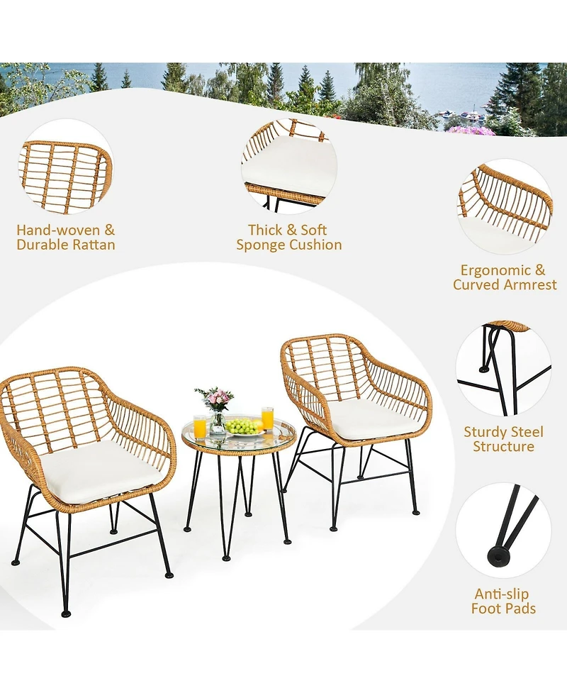 Vebreda 3 Pieces Rattan Furniture Set with Cushioned Chair Table