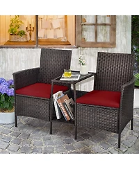 Sugift Rattan Patio Conversation Set Cushioned with Glass Table