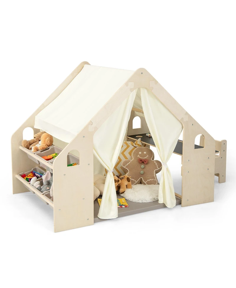 Slickblue 6-in-1 Kids Play Tent Playhouse with Blackboard 6 Storage Bins and Floor Cushion-Beige