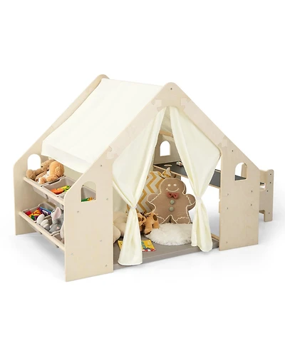 Slickblue 6-in-1 Kids Play Tent Playhouse with Blackboard 6 Storage Bins and Floor Cushion-Beige