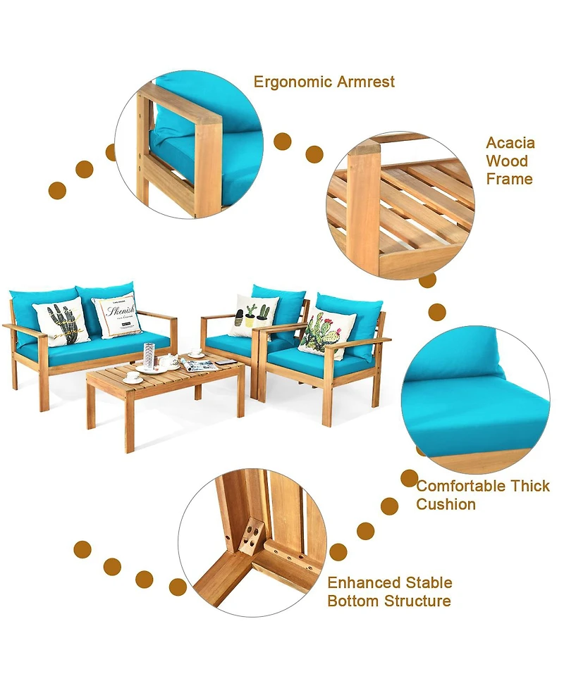 Gymax 8PCS Patio Acacia Wood Conversation Furniture Set w/ Turquoise Cushions