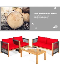 Gymax 4PCS Acacia Wood Outdoor Patio Furniture Conversation Set W/ Red Cushions