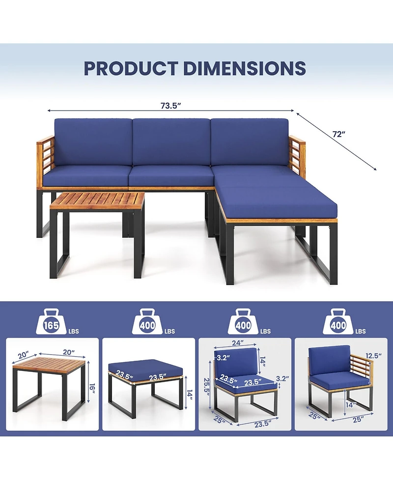 Gymax 6PCS Patio Conversation Sofa Set Acacia Wood Outdoor Furniture Set w/ Navy Cushions