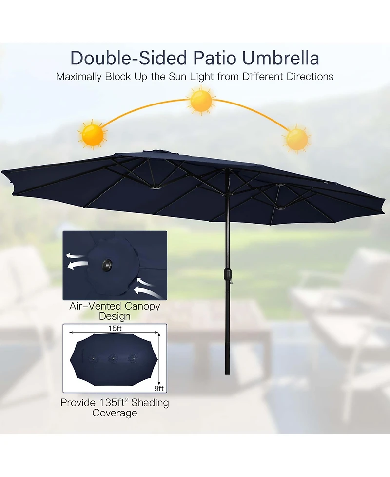 15FT Double-Sided Twin Patio Umbrella Sun Shade Outdoor Crank Market Base