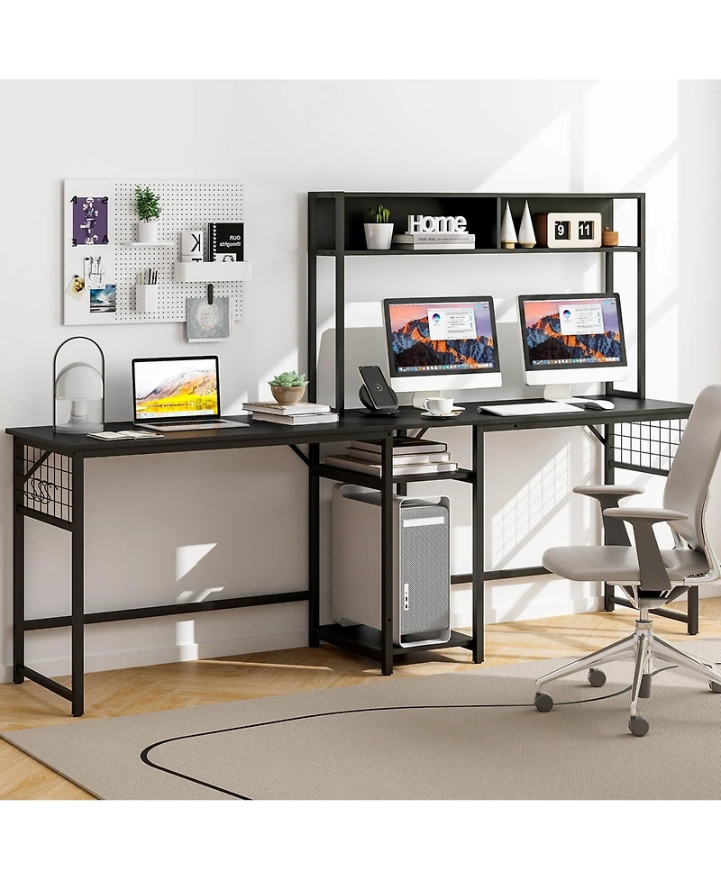 Costway L-shaped Desk with Power Outlet Large Corner Converts to 2-Person Long Rustic