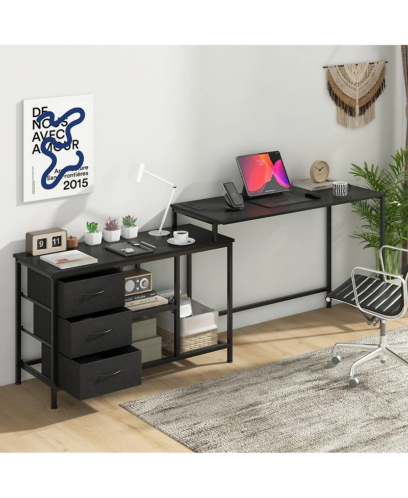 L-shaped Computer Desk with Power Outlet, Drawers, Metal Mesh Shelves