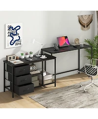 L-shaped Computer Desk with Power Outlet, Drawers, Metal Mesh Shelves