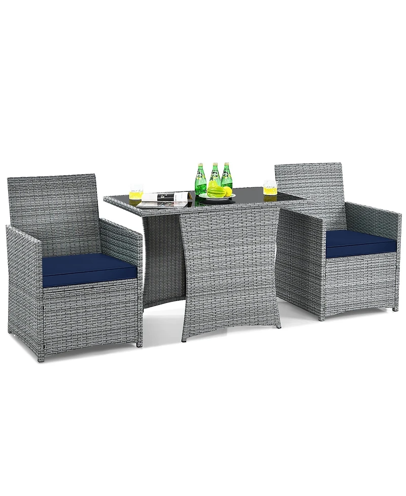 3PCS Patio Rattan Furniture Set Cushioned Sofa Armrest Garden