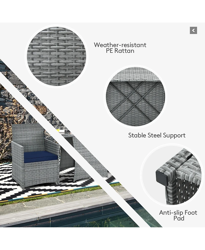 3PCS Patio Rattan Furniture Set Cushioned Sofa Armrest Garden