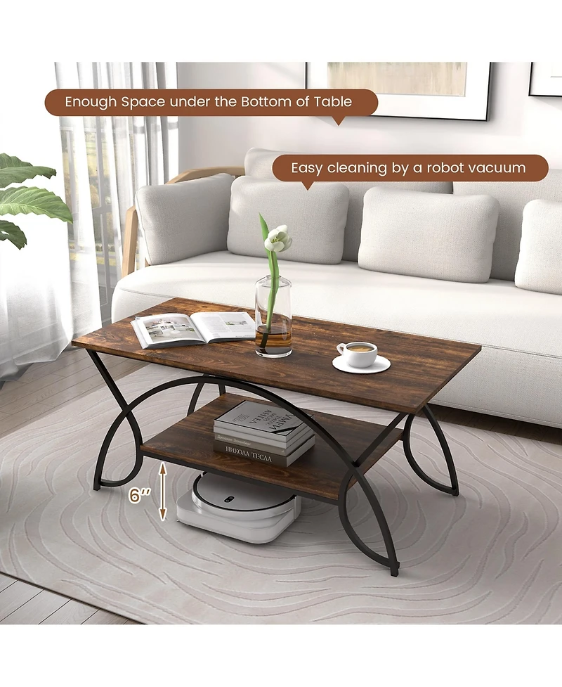 2-Tier Industrial Coffee Table Rectangular Cocktail with Storage Shelf