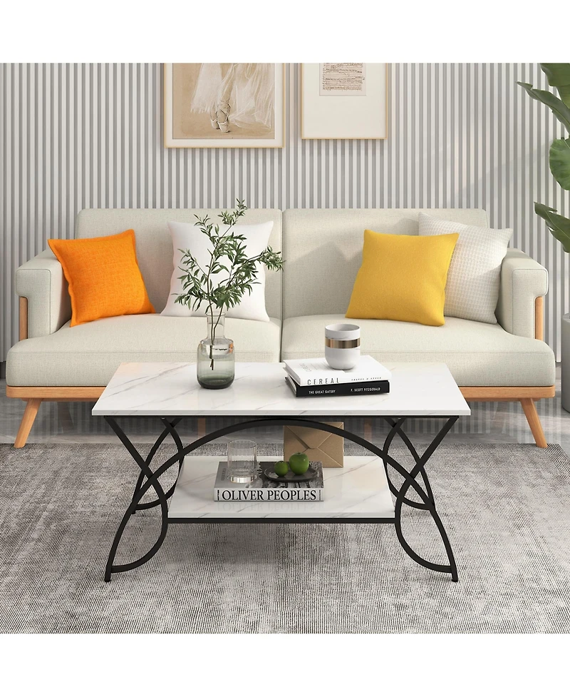 2-Tier Industrial Coffee Table Rectangular Cocktail with Storage Shelf