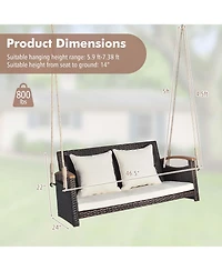Costway Patio Rattan Porch Swing 2-Person Hanging Chair Cushioned Loveseat for Backyard