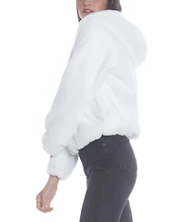 Members Only Women's Faux Rabbit Fur Reversible Bomber Looney Tunes Satin Mashup Print Lining Jacket