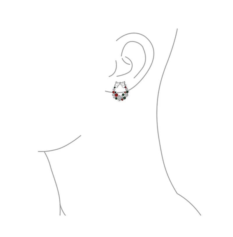 Bling Jewelry Fashion Sparkling Christmas Bow Red Green White Crystal Holiday Wreath Pendant Necklace Stud Earrings Jewelry Set Crystal