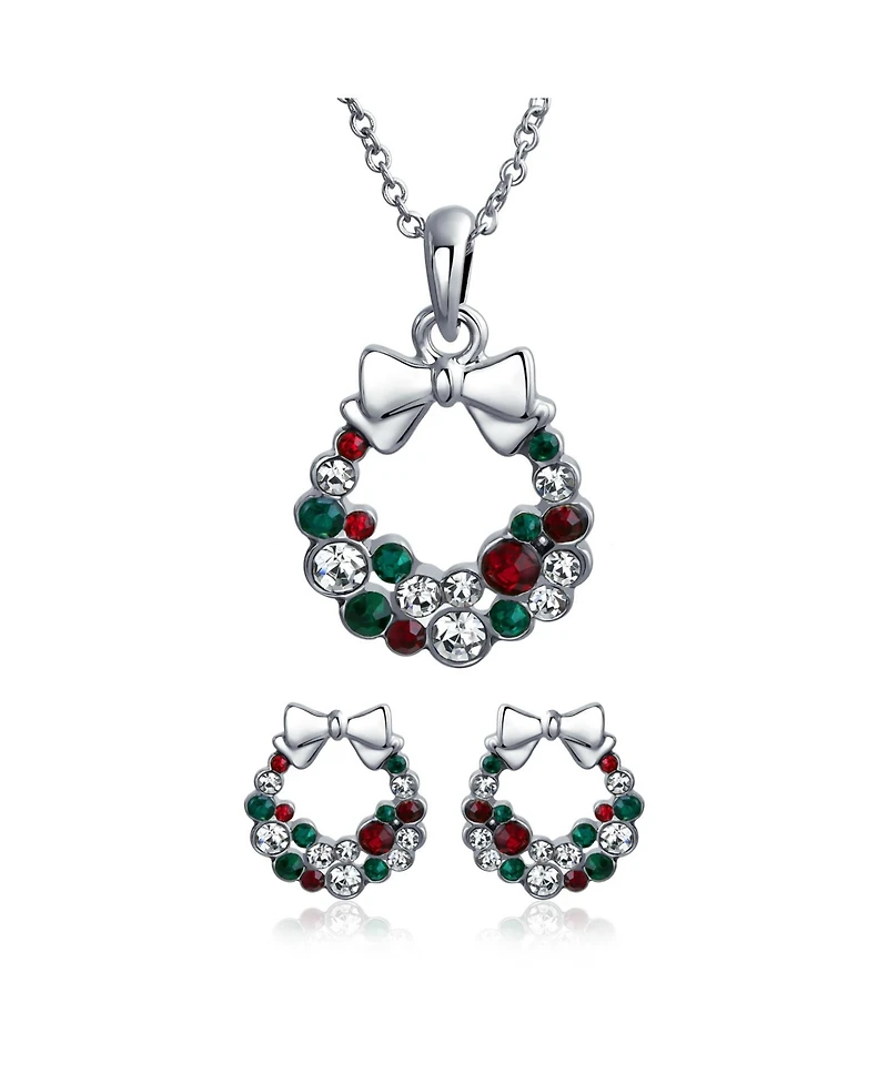 Bling Jewelry Fashion Sparkling Christmas Bow Red Green White Crystal Holiday Wreath Pendant Necklace Stud Earrings Jewelry Set Crystal