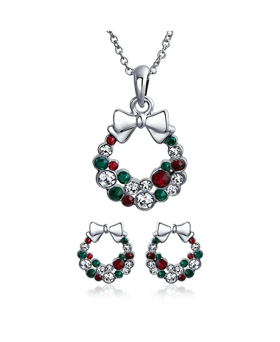 Bling Jewelry Fashion Sparkling Christmas Bow Red Green White Crystal Holiday Wreath Pendant Necklace Stud Earrings Jewelry Set Crystal