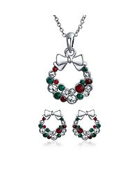 Bling Jewelry Fashion Sparkling Christmas Bow Red Green White Crystal Holiday Wreath Pendant Necklace Stud Earrings Jewelry Set Crystal