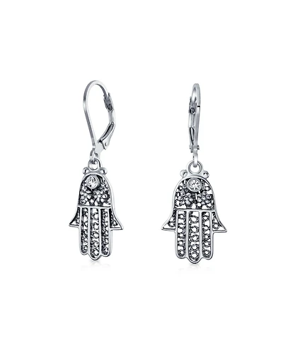 Bling Jewelry Amulet Talisman Hamsa Hand Of God Floral Filigree Dangle Earrings Oxidized Sterling Silver Leverback
