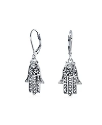 Bling Jewelry Amulet Talisman Hamsa Hand Of God Floral Filigree Dangle Earrings Oxidized Sterling Silver Leverback