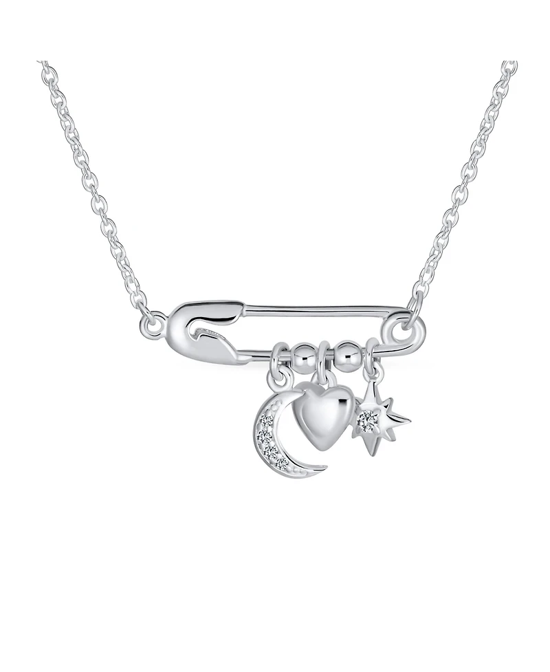 Bling Jewelry Support Symbol Cz Accent Moon Heart Star Charms Sideways Celestial Safety Pin Necklace Pendant Sterling Silver