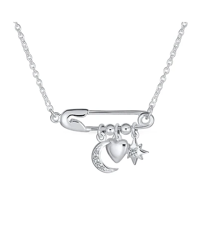 Bling Jewelry Support Symbol Cz Accent Moon Heart Star Charms Sideways Celestial Safety Pin Necklace Pendant Sterling Silver