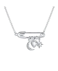 Bling Jewelry Support Symbol Cz Accent Moon Heart Star Charms Sideways Celestial Safety Pin Necklace Pendant Sterling Silver