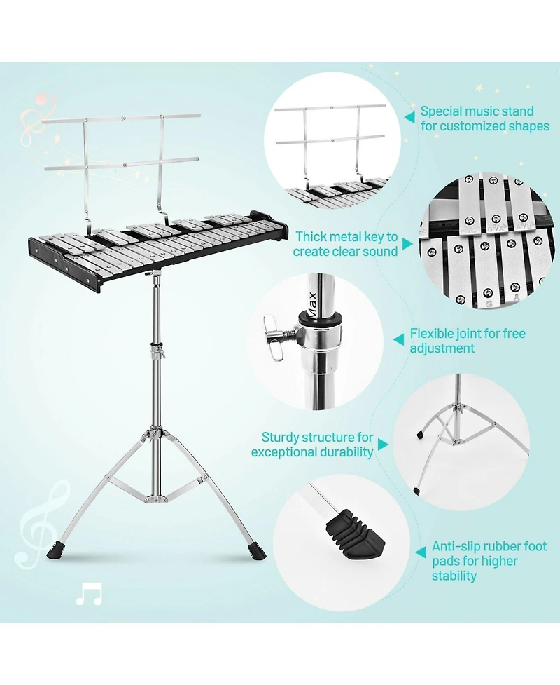 32 Note Glockenspiel Xylophone Percussion Bell Kit with Adjustable Stand
