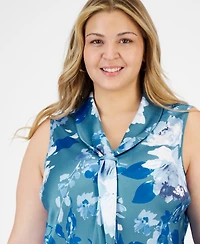 Tahari Asl Plus Size Printed Sailor Tie-Neck Blouse