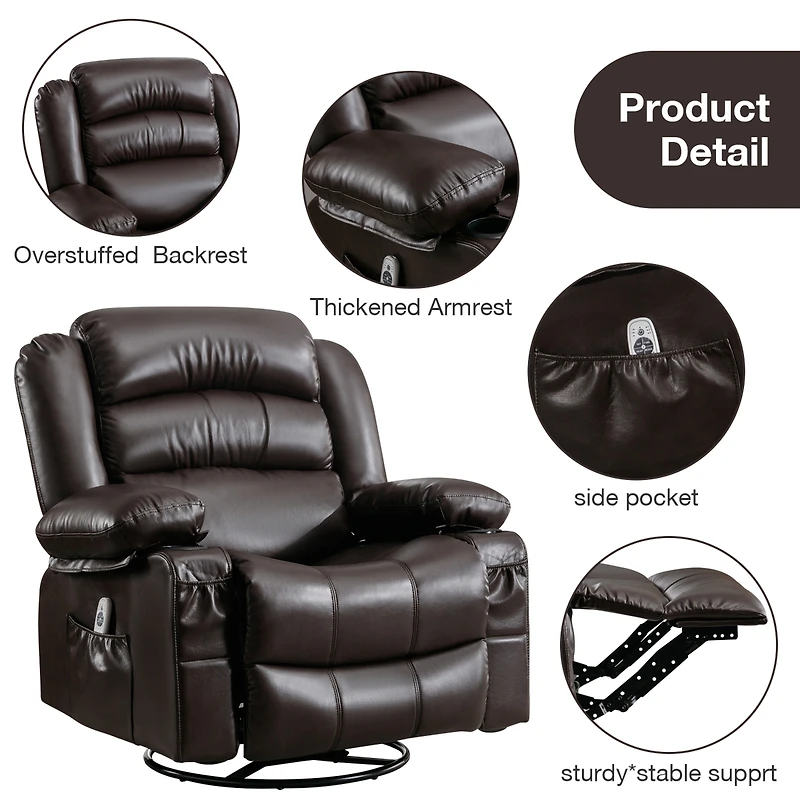 Streamdale Brown Swivel Rocker Recliner with Massage and Heat