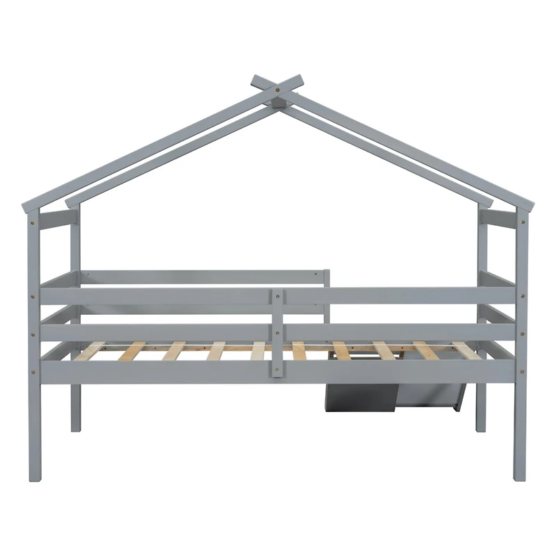 Streamdale Furniture Twin Low Loft House Bed With Slide, Ladder, Safety Guardrails, House Roof Frame, Grey