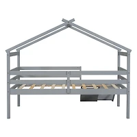 Streamdale Furniture Twin Low Loft House Bed With Slide, Ladder, Safety Guardrails, House Roof Frame, Grey
