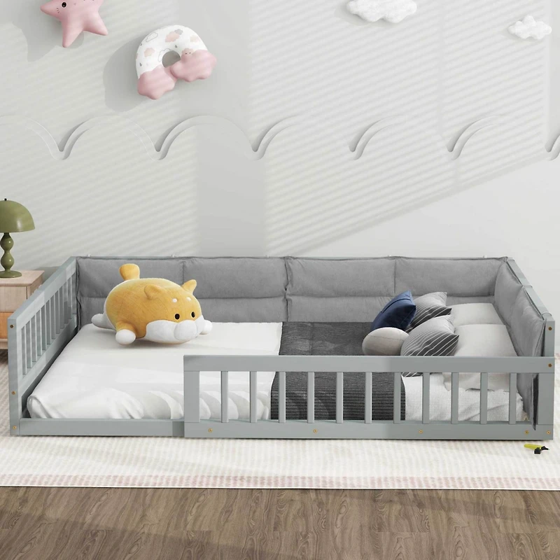 Streamdale Gray Upholstered Wood Platform Bed with Rails
