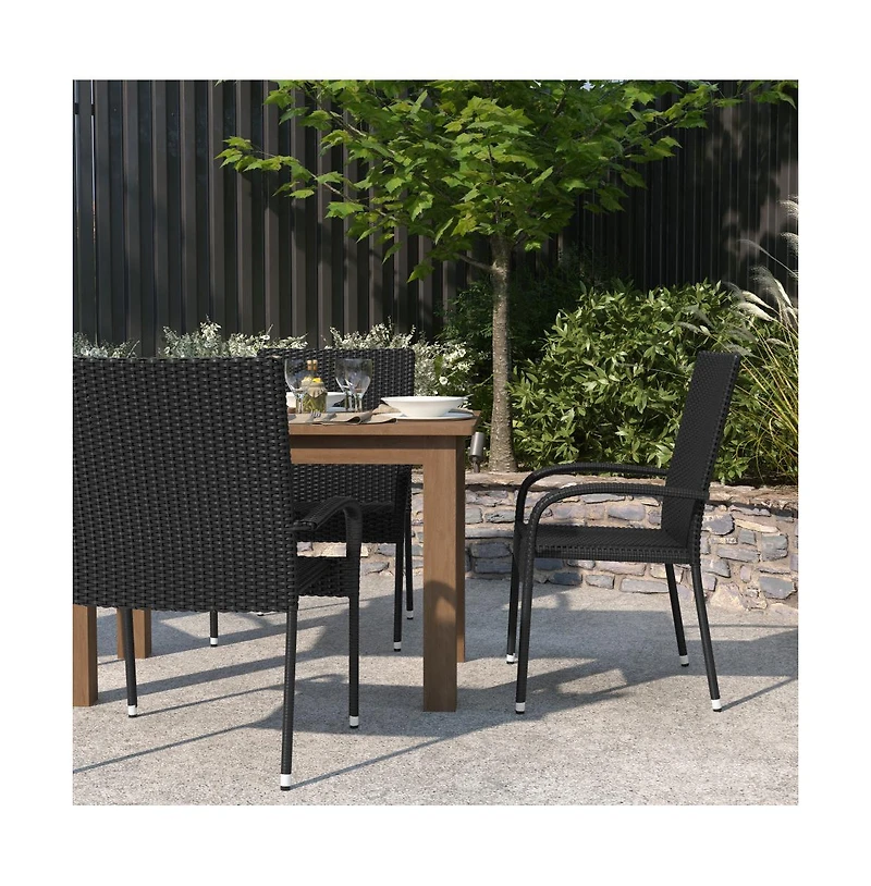 Merrick Lane Set Of 4 Mathias Indoor/Outdoor Black Wicker Patio Chairs With Powder Coated Steel Frame, Comfortably Curved Back And Arms