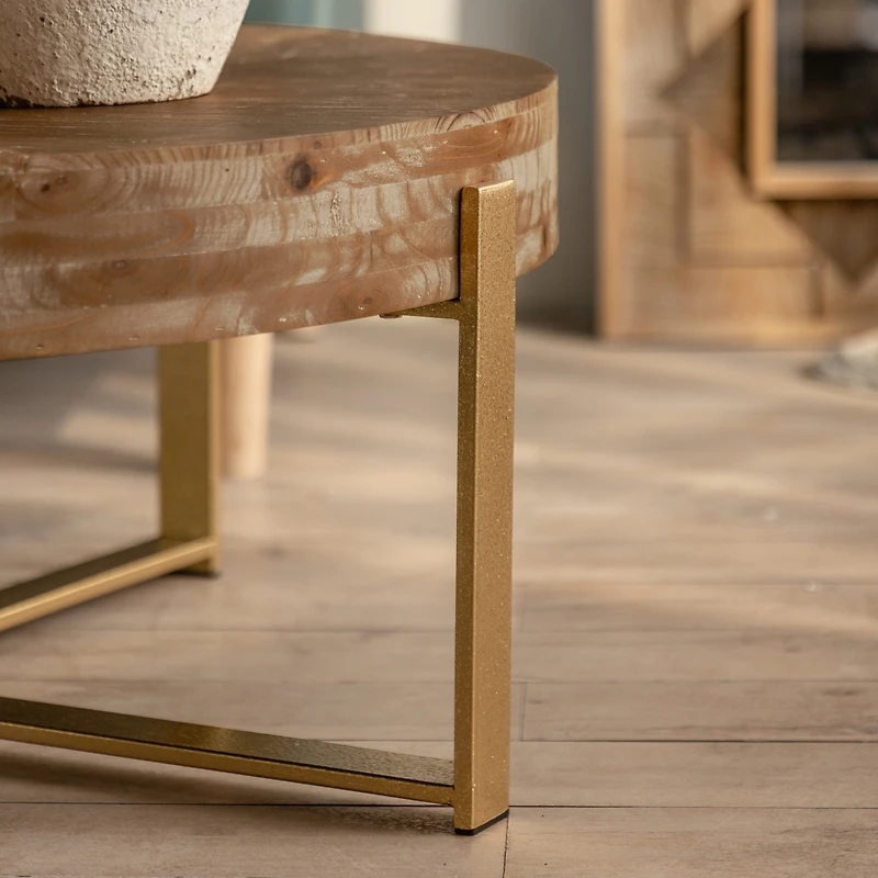 31.29"Modern Retro Splicing Round Coffee Table, Fir Wood Table Top With Gold Cross Legs Base