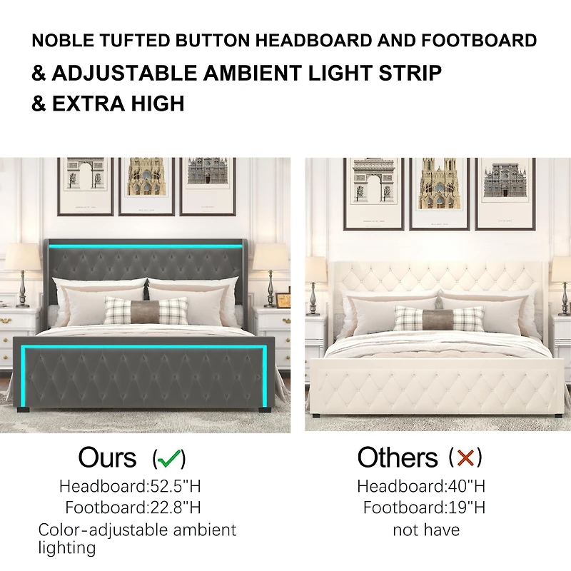 Grey Velvet Platform Bed with Led Headboard