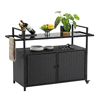 Streamdale Wicker Bar Cart with Wheels, Glass Top