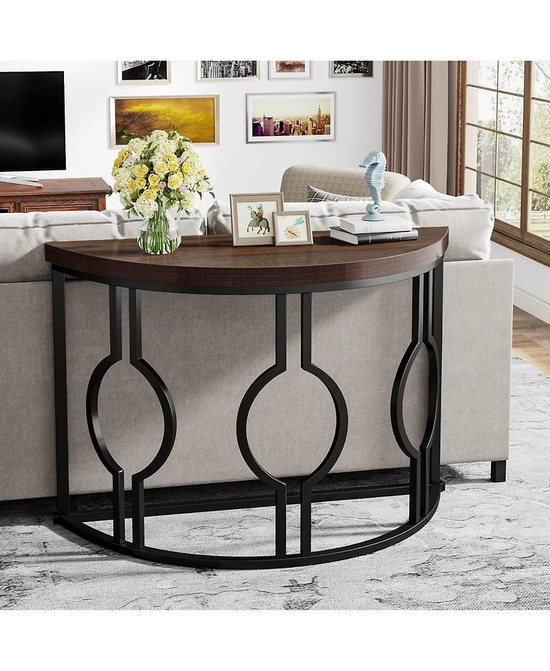 Tribesigns Half Moon Console Table for Entryway, 43 Inch Industrial Semi Circle Sofa Table with Geometric Base, Wood Accent Table for Living Room, Hal