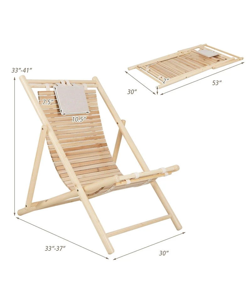 Slickblue Solid Fir Wood Lounge Chair with 3-Level Adjustable Backrest and Soft Padded Headrest-Natural