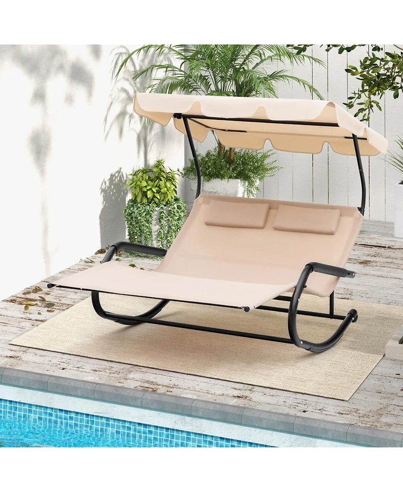 Slickblue Outdoor 2 Persons Rocking Chaise Lounge with Canopy and Wheels-Beige