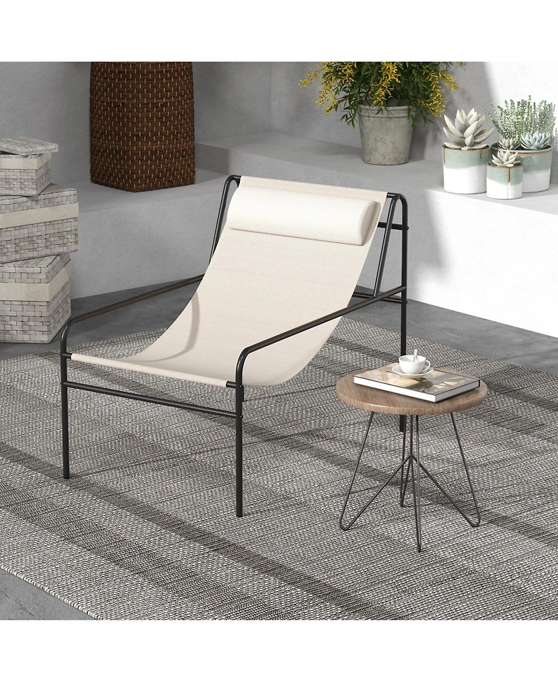 Slickblue Patio Sling Lounge Chair with Removable Headrest Pillow and Metal Frame-Beige