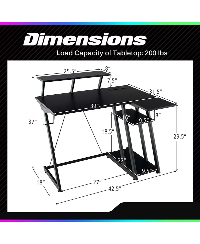 Costway L-Shaped Gaming Desk with Outlets & Usb Ports Monitor Shelf Headphone Hook
