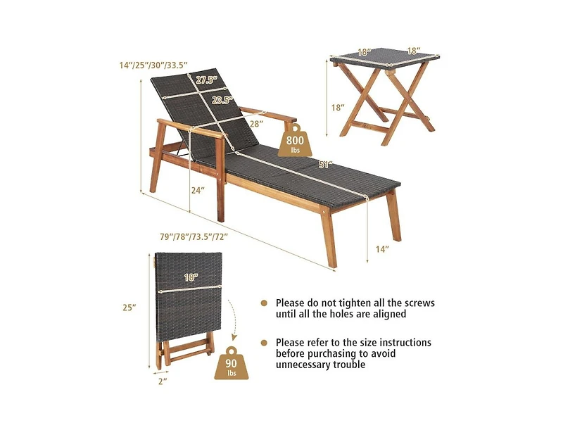 Slickblue 2 Pieces Patio Chaise Lounge and Table Set with 4-Level Adjustable Backrest